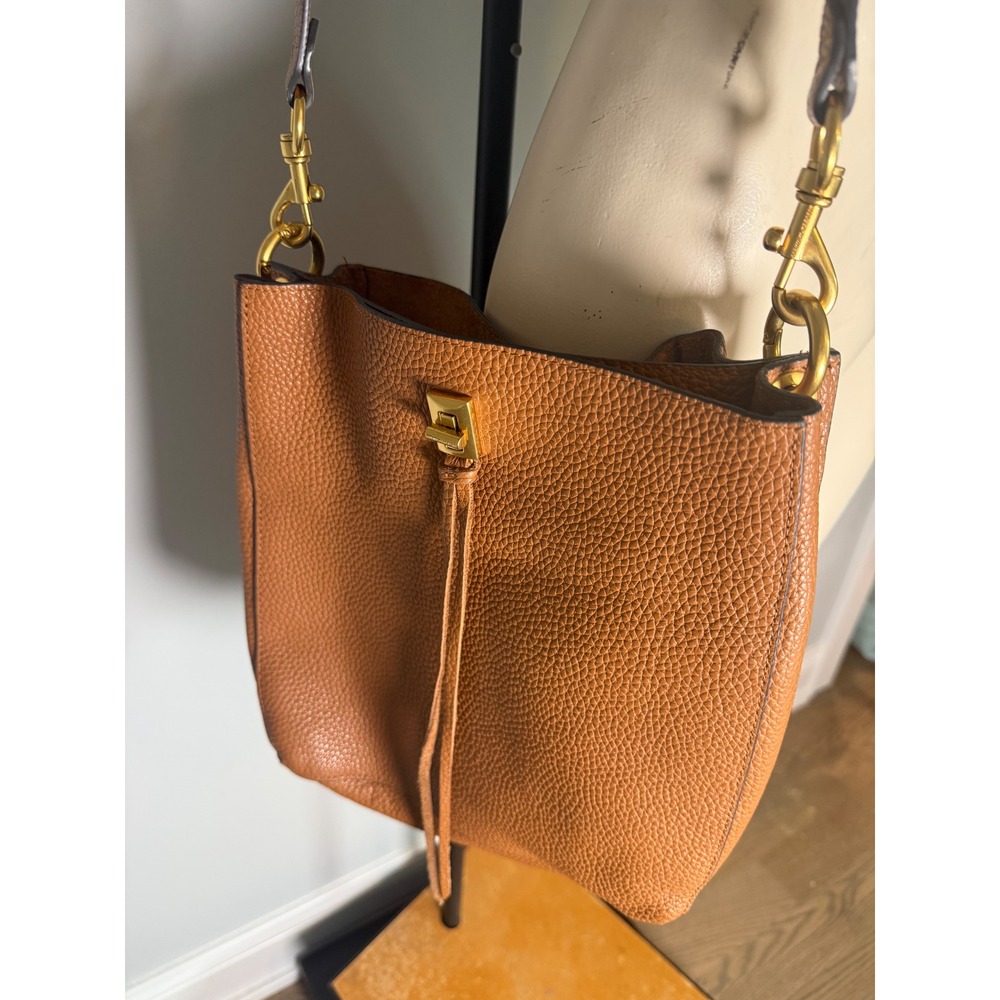 Rebecca Minkoff Brown Pebbled Leather Studded Crossbody Bucket Bag Gold Hardware
